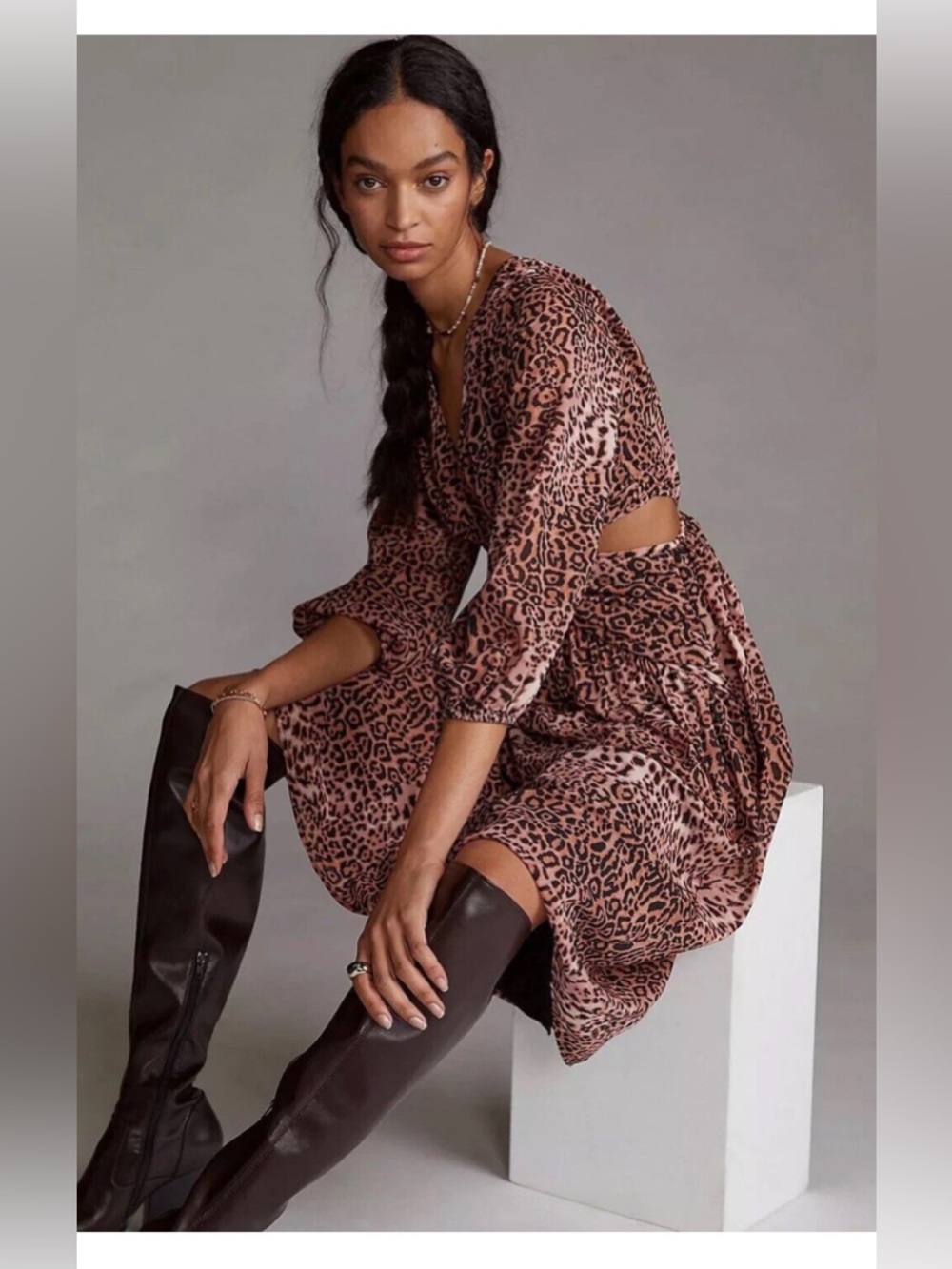 Anthropologie Ranna Gill Animal Leopard Print Cut-Out Midi Dress  small $188